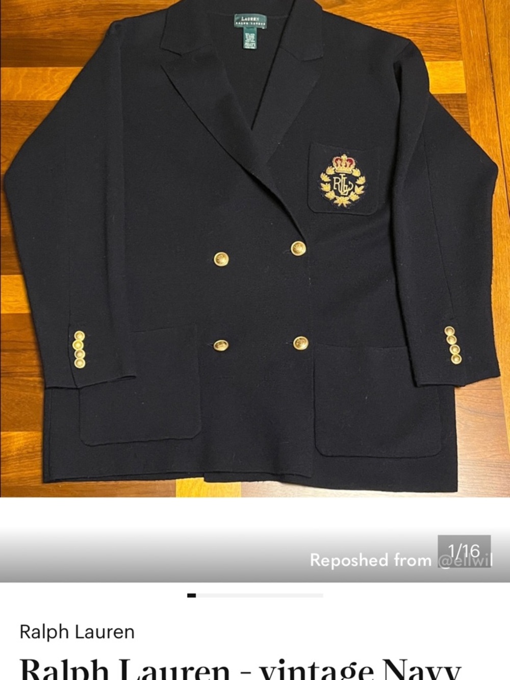 Ralph Lauren dark Navy knit Blazer with crest Patch (Gold and Red Embroidery)